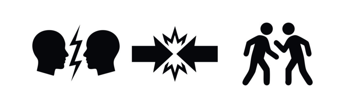 Collection of minimalist black icons representing conflict, disagreement, and collision, featuring silhouettes and abstract symbols on a white background.