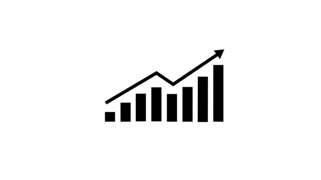 Motion animated footage showing statistical bar charts with columns increasing upward, upward arrow indicators, finance growth visualization, profit concept, positive upward trend graph, and modern bu
