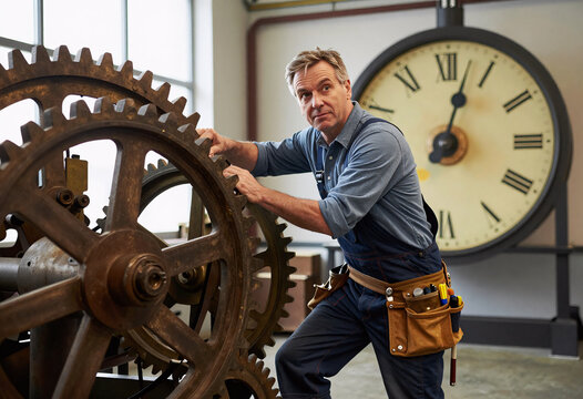 Clockmaker Climbing Giant Gears to Repair