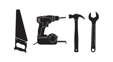 Fototapeta premium Tool icons set with saw drill hammer wrench measuring tape for construction and DIY projects isolated on white.