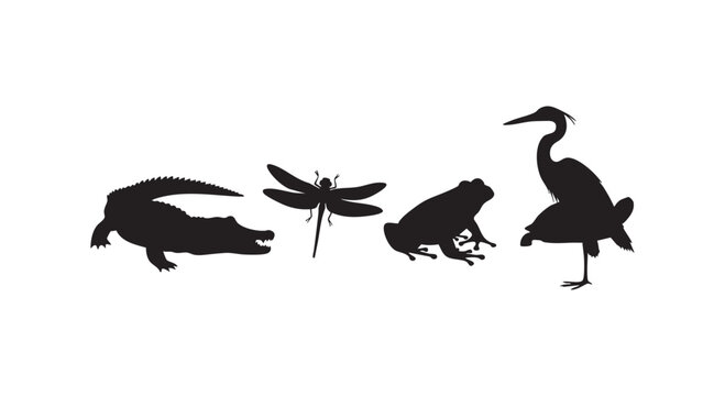 Swamp animals vector illustration set featuring alligator dragonfly frog and heron silhouettes for nature design projects.