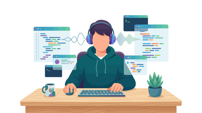 Flat vector illustration of a faceless male programmer wearing a hoodie and headphones at a wooden desk with floating code editor windows, terminal screens, and audio waves.