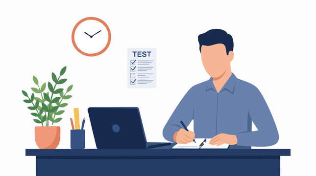 Man studying or working at a desk with laptop, notebook, and test document