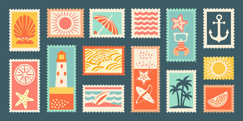 Collection Of Vintage style Summer Travel Postage Stamps With Nautical And Tropical Motifs © Bijoy