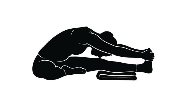 Minimalist black vector silhouette of a female yoga practitioner performing a seated forward bend stretch with a prop under her leg, isolated on a white background.