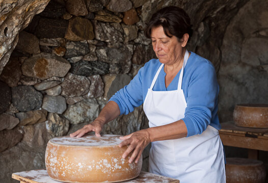 Asturian cheesemaker turning Cabrales in cold natural cave