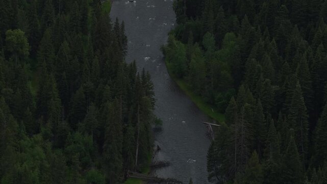 Aerial close up over Minam River in east Oregon along Highway 82 scenic byway