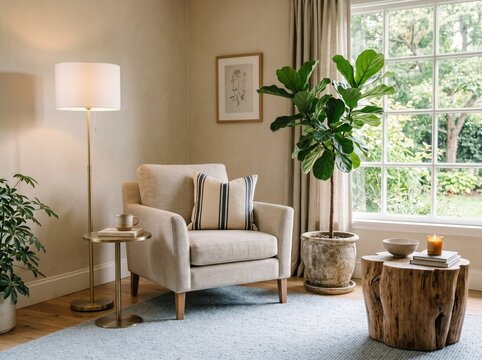 Cozy reading nook with armchair floor lamp and fiddle leaf fig