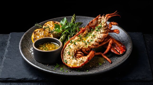 A sophisticated seafood entree showing a seasoned and baked whole lobster served on a dark stoneware plate with fresh herbs, silverware, and a rich butter sauce on the side.