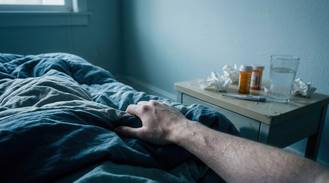 Illness And Recovery: Sick Person Touching Bed, Medicines Beside