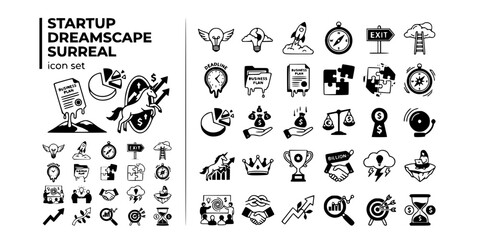 Fototapeta premium Startup Dreamscape Surreal Black White-Melting Plan Equity Unicorn Portal-Surreal Business Vector-Dream Icon Surreal-Startup Design Set