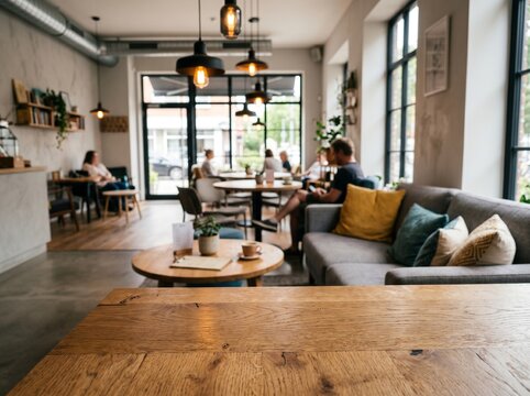 Bright cafe interior with wooden table and relaxing seating arrangement