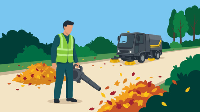 Street cleaner with leaf blower and street sweeper truck in autumn