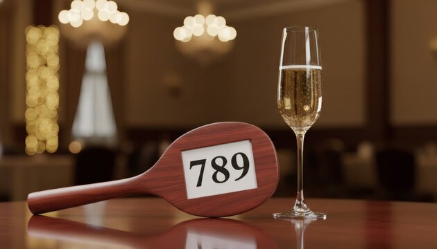 Wooden bidding paddle under a champagne glass on a polished table for an annual charity auction event concept, captured in warm luxury bokeh lighting
