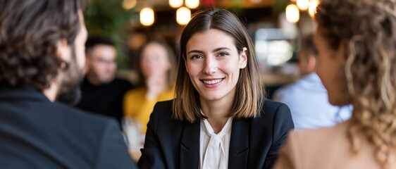 Fototapeta premium A confident young woman smiles while engaging with two colleagues in a modern, vibrant cafe setting, showcasing professionalism and social interaction among peers.