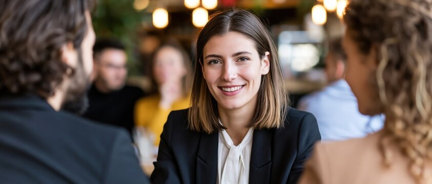 A confident young woman smiles while engaging with two colleagues in a modern, vibrant cafe setting, showcasing professionalism and social interaction among peers.
