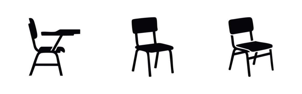 Chairs Silhouette Icons Set. Student Desk Chair, Simple Office and Classroom Seating Furniture Collection