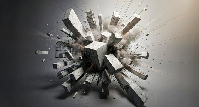 Dynamic concrete blocks exploding outward in a burst of dust and debris for construction concept.

