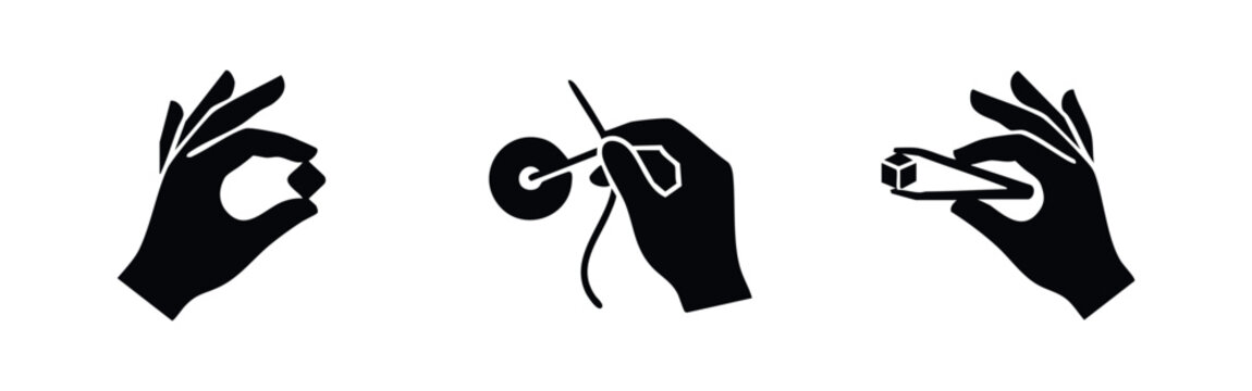 Hand Gestures Holding Small Objects Precision Icons. Delicate Work, Threading Needle, and Tweezers Silhouettes