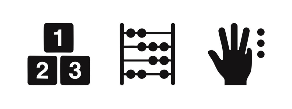 Counting Abacus and Basic Math Education Icons. Number Blocks, Finger Counting, and Learning Tools Silhouettes