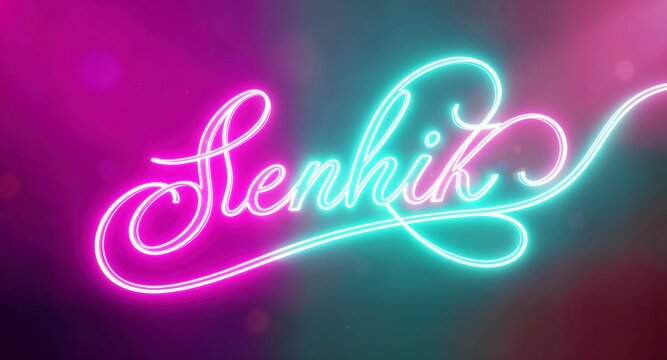 Vibrant neon cursive calligraphy glowing in pink and blue for modern lounge events.


