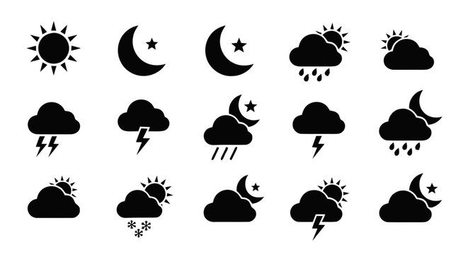 Vector illustration of set of weather icons including sun, moon, clouds, rain, snow and lightning on a transparent background