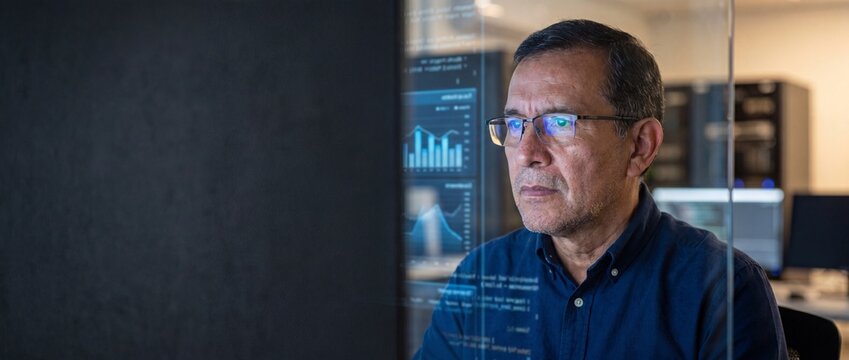 Mature business analyst analyzing data charts on transparent computer screen in dark office workspace, focusing on database administration, network security, software programming, and tech leadership.