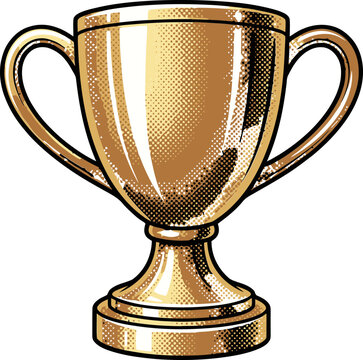 Vintage gold trophy cup vector illustration, retro halftone comic style award icon, golden championship prize for sports and business success