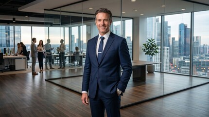 Fototapeta premium Successful corporate executive standing in modern open plan office with team in background