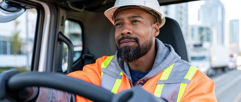 A confident truck driver wearing a hard hat and bright safety gear drives through the city, representing professionalism and dedication in the transportation industry.