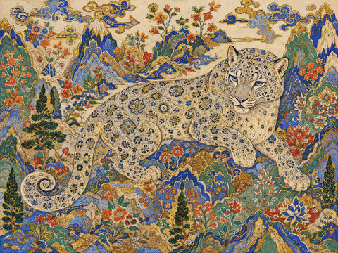 Traditional Persian Snow Leopard Art Print, Flat Miniature Painting for Luxury Maximalist Decor