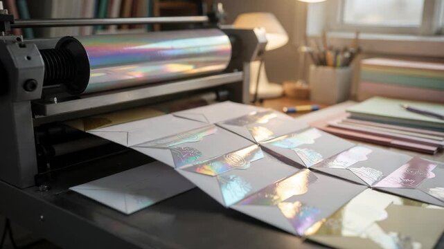 Footage of a holographic foil stamping machine adding iridescent metallic details to envelope flaps revealing a dynamic color shift effect under changing angles in a creative