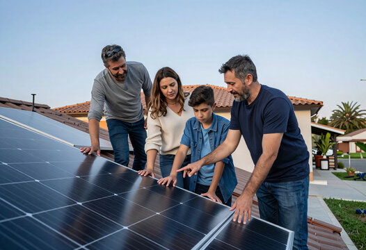 Spanish Family Installing Solar Panels on Roof