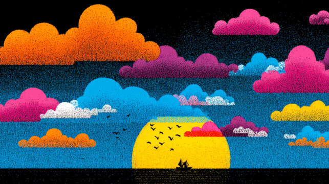 Colorful pointillist sunset cloudscape with bright sun, birds, and sailboat for joyful decorative vector backgrounds