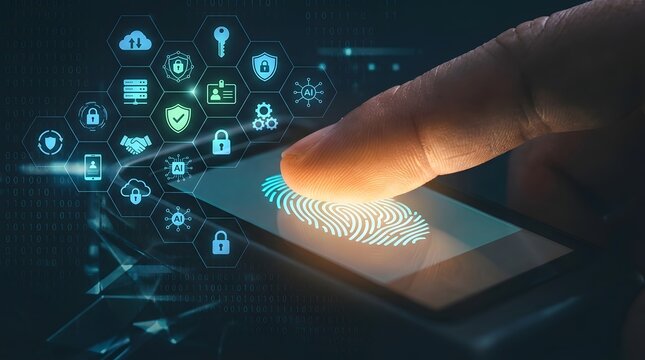 Finger Pressing Digital Security Button with Futuristic Cyber Interface and Data Protection Icons