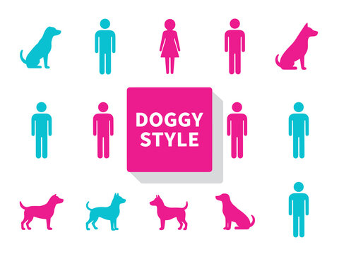 "Doggy Style" Sexual Position Concept with Male Female Silhouettes and Dog Icons in Pink and Cyan Vector Illustration