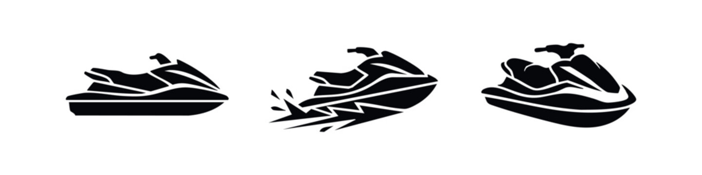 Jet ski icons set. Personal watercraft and summer recreation symbols.