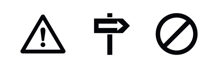 Road sign icons: warning triangle with exclamation mark, directional arrow, and forbidden circle. © Lili