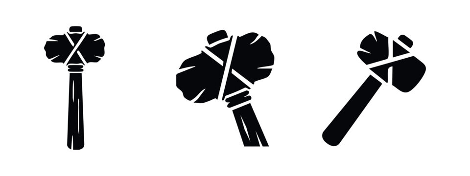 Prehistoric stone age tools icons: primitive axe and stone club or hammer.