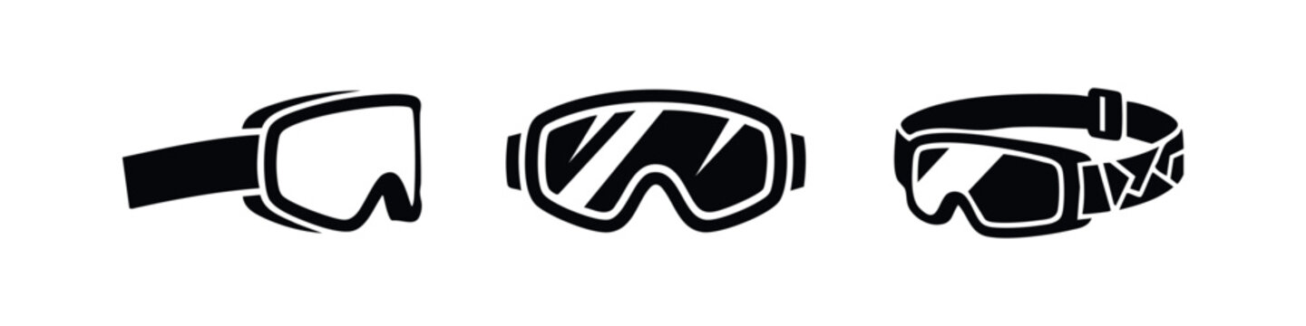 Set of ski goggles icons: snow eyewear from different angles and perspectives.