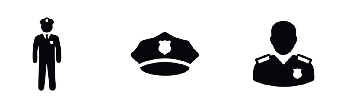 Police officer and hat icon set. Law enforcement, security guard uniform symbols.