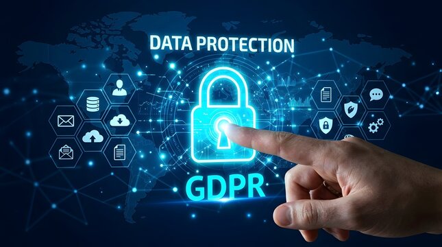 Data Protection GDPR Compliance with Glowing Digital Lock and Cyber Security Interface