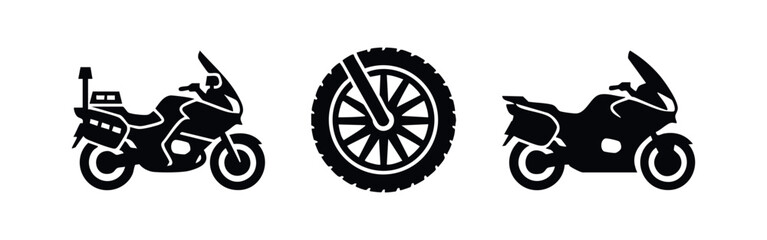 Police motorcycle icon set. Law enforcement, police bike and transport symbols. © Lili