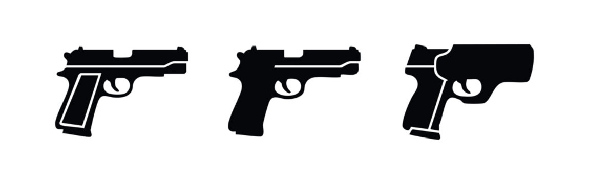 Pistol handgun icon set. Firearm, weapon and self-defense symbols.