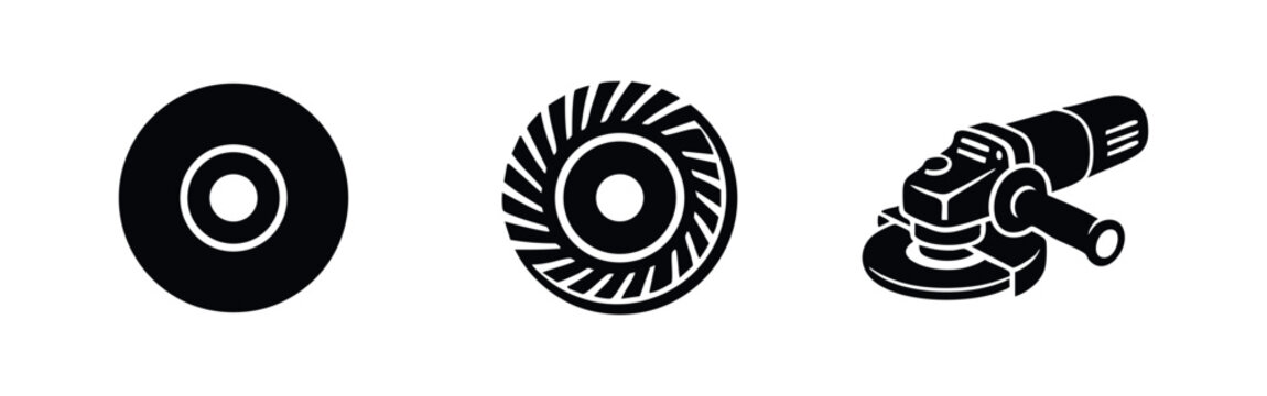 Grinding tools icons set. Abrasive disc, cutting disc, and angle grinder silhouettes for industrial work.