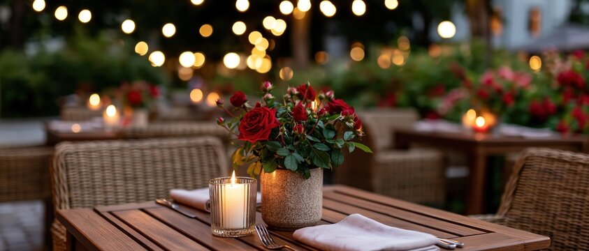 An enchanting outdoor dining setup with soft string lights illuminating a table set with roses, creating a romantic ambiance perfect for evening meals.
