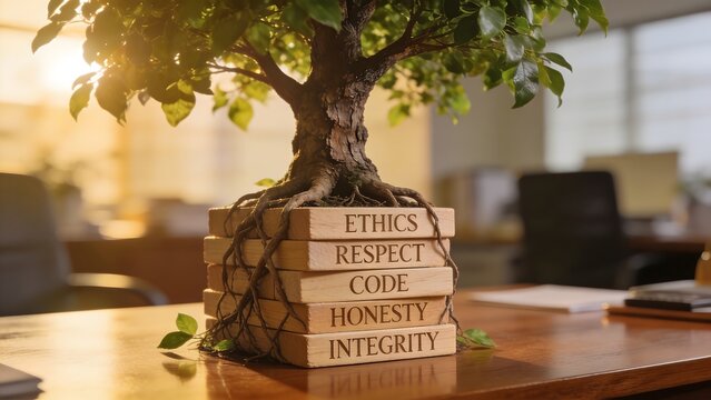 A growing green tree with roots wrapped around wooden blocks engraved with ethics, respect, code, honesty, and integrity on an office desk, symbolizing sustainable business growth and values.