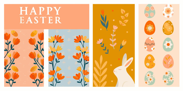 set of four vertical easter greeting cards with floral patterns rabbit eggs