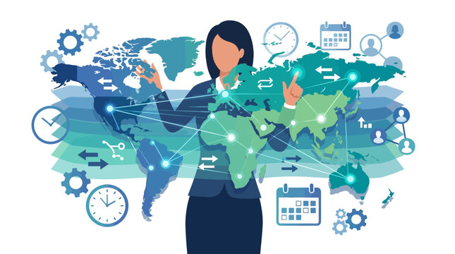 Flat vector illustration of a faceless businesswoman in a suit managing a global network with a world map, gear icons, clocks, calendars, and digital connection nodes.