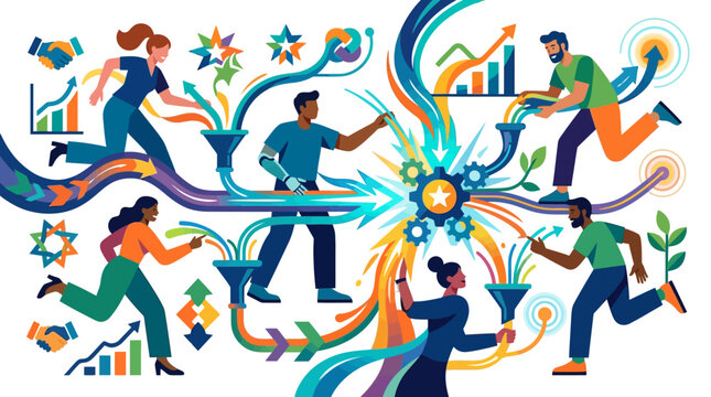 Flat vector illustration of diverse business professionals collaborating on complex data workflows, using funnels and gears to optimize processes in a corporate style.